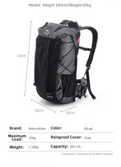 Naturehike Climbing Backpack 60+5L Camping Backpack Travel Bag Large Capacity Mountaineering Backpack With Rain Cover