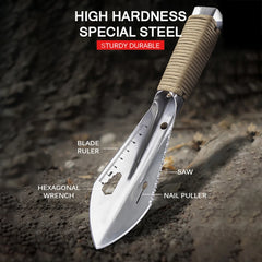 Outdoor Camping Survival 7-in 1 Stainless Steel 420 Garden Multifunctional Mini Shovel with Rope Handle Carrying Pouch