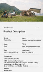 Naturehike Tent CLOUD BOAT 4 Rods Camping Tent 20㎡ Lobby 150D Windproof Rainproof Tunnel Tent With Camp Outdoor Family Tent