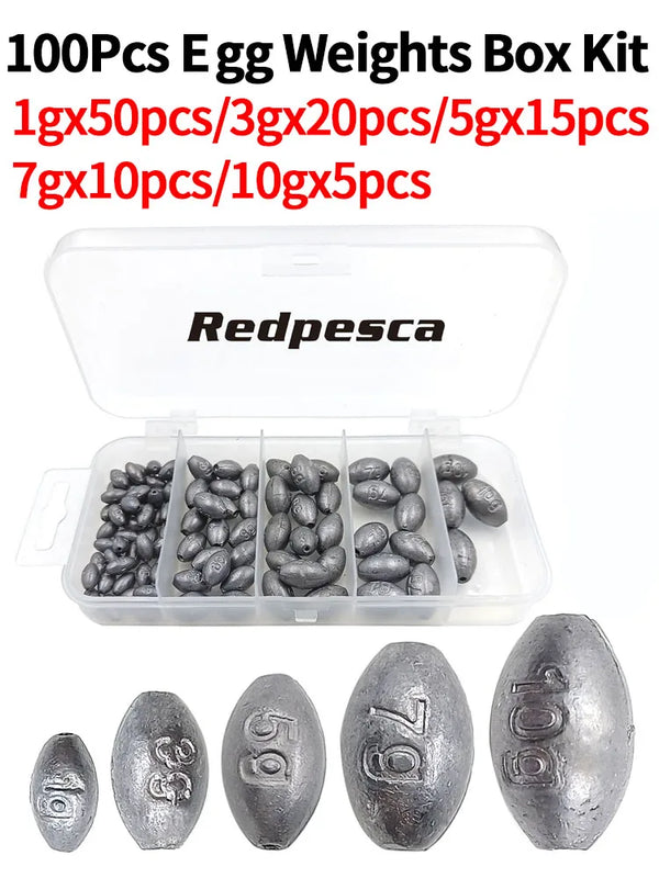 100/60/50Pcs Egg Weights Fishing Sinkers for Saltwater Freshwater Bass Fishing Weight Oval Sinker Tackle Kit