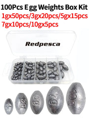 100/60/50Pcs Egg Weights Fishing Sinkers for Saltwater Freshwater Bass Fishing Weight Oval Sinker Tackle Kit
