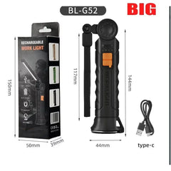 Multifunctional Rotatable Work Light USB Rechargeable Flashlight with Magnet/Hook,Ideal for Auto Repair Inspection and Emergency