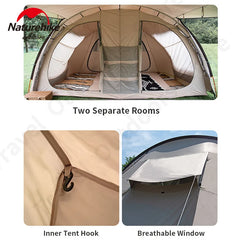 Naturehike Tent CLOUD BOAT 4 Rods Camping Tent 20㎡ Lobby 150D Windproof Rainproof Tunnel Tent With Camp Outdoor Family Tent
