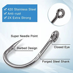 50PCS Saltwater Live Bait Fishing Hooks Circle Fish Hooks 2X Strong Stainless Steel Hooks for Big Game Fishing 1/0-12/0