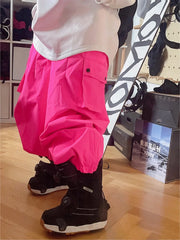 Unisex Oversize Fluorescent Pink Ski Pants Women Men Outdoor Windproof Waterproof Snow Sports Bibs Trousers Ski Snowboard Pants