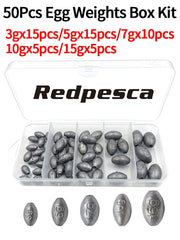 100/60/50Pcs Egg Weights Fishing Sinkers for Saltwater Freshwater Bass Fishing Weight Oval Sinker Tackle Kit