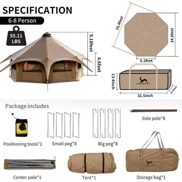 TOMOUNT Canvas Tent Bell Tent 16.4ft*High9.2ft with Stove Jack for Glamping Family Camping Zipped Removable Floor