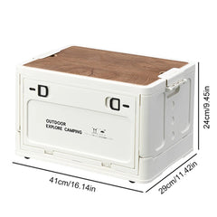 30L Collapsible Storage Bin with Wooden Lid Portable Storage Container Large Capacity Side Open Home Outdoor Store Camping Items