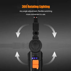 Multifunctional Rotatable Work Light USB Rechargeable Flashlight with Magnet/Hook,Ideal for Auto Repair Inspection and Emergency