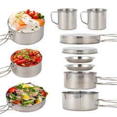 8pcs/Set Camping Cookware Mess Kit Stainless Steel Cooking Pot and Pan Set with Plates Cups for Outdoor Hiking Backpacking