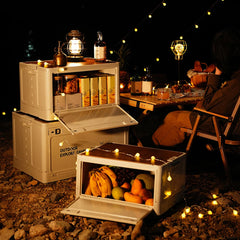 30L Collapsible Storage Bin with Wooden Lid Portable Storage Container Large Capacity Side Open Home Outdoor Store Camping Items