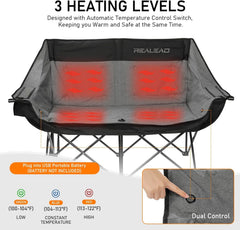 Heated Double Camping Chair, 3 Heat Levels and 4 Heating Zones, Portable Heated Loveseat Chair for Outdoor Sports Suppor