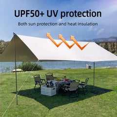 Camping Tarp with 2 Poles, Beach Sun Shade Windproof Design, Larger Sun Shelter UPF50+ Portable Tent Cover & Beach Canopy & Rain