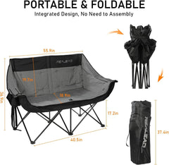 Heated Double Camping Chair, 3 Heat Levels and 4 Heating Zones, Portable Heated Loveseat Chair for Outdoor Sports Suppor