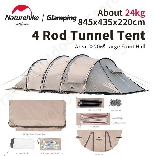 Naturehike Tent CLOUD BOAT 4 Rods Camping Tent 20㎡ Lobby 150D Windproof Rainproof Tunnel Tent With Camp Outdoor Family Tent