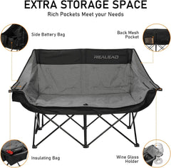 Heated Double Camping Chair, 3 Heat Levels and 4 Heating Zones, Portable Heated Loveseat Chair for Outdoor Sports Suppor