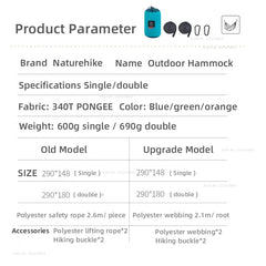 Naturehike Outdoor Ultralight Hammock Camping Portable Single / Double Leisure Hammock Anti Rollover High Load Bearing Camp Gear