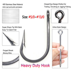 Bimoo 5/0 ~13/0 Stainless Steel Saltwater Fishing Hook Heavy Duty Hook For Big Game Fishing Chunking Jigging Tuna Shark Fishing