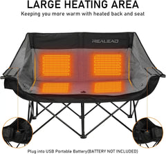 Heated Double Camping Chair, 3 Heat Levels and 4 Heating Zones, Portable Heated Loveseat Chair for Outdoor Sports Suppor