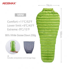 AEGISMAX MINI 800FP Ultralight Goose Down Outdoor Sleeping Bag Mummy Type Splicing 43℉~52℉ Camping Hiking Waterproof