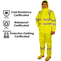 PU Coated EN Certificated Waterproof Cold Resistance Protective Hooded Breathable Thickened Outdoor Hiking Fishing Raincoat Suit